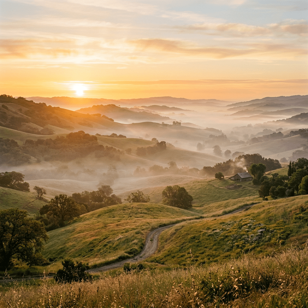 Sunrise over rolling green hills with morning fog and a small cabin